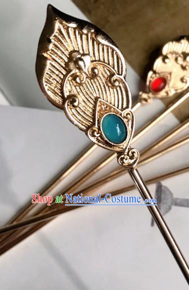 Handmade Chinese Tang Dynasty Blue Glass Hair Clip Traditional Hair Accessories Ancient Court Golden Hairpins for Women