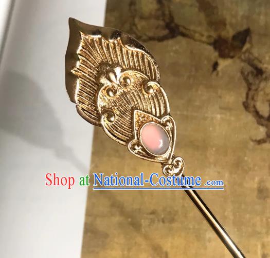 Handmade Chinese Tang Dynasty Pink Glass Hair Clip Traditional Hair Accessories Ancient Court Golden Hairpins for Women