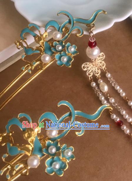 Handmade Chinese Ming Dynasty Blue Hair Clip Traditional Hair Accessories Ancient Court Tassel Hairpins for Women