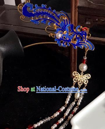 Handmade Chinese Ming Dynasty Beads Tassel Hair Clip Traditional Hair Accessories Ancient Court Blueing Phoenix Hairpins for Women