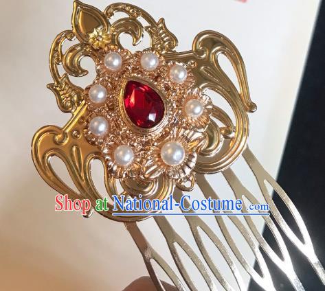 Handmade Chinese Tang Dynasty Golden Hair Comb Traditional Hair Accessories Ancient Court Red Crystal Hairpins for Women