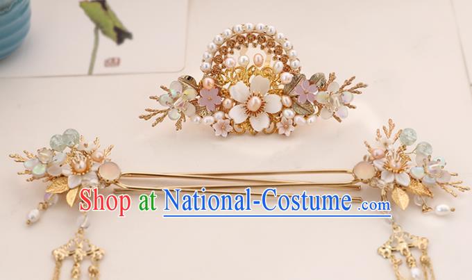 Chinese Classical Wedding Pearls Hair Crown Traditional Bride Hair Accessories Handmade Hanfu Tassel Hairpins and Hair Comb Full Set