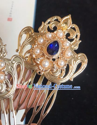 Handmade Chinese Tang Dynasty Golden Hair Comb Traditional Hair Accessories Ancient Court Royalblue Crystal Hairpins for Women