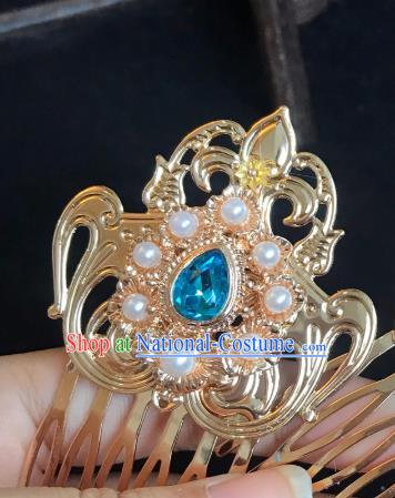 Handmade Chinese Tang Dynasty Golden Hair Comb Traditional Hair Accessories Ancient Court Blue Crystal Hairpins for Women