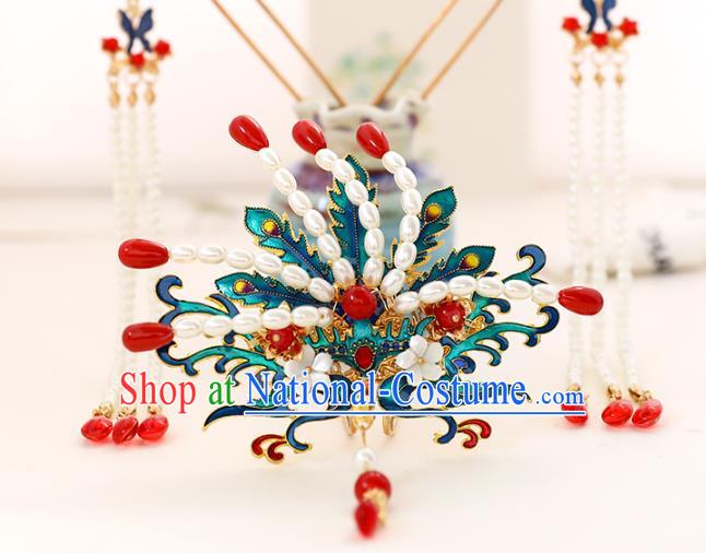 Chinese Classical Wedding Pearls Phoenix Hair Crown Traditional Bride Hair Accessories Handmade Hanfu Cloisonne Hair Comb