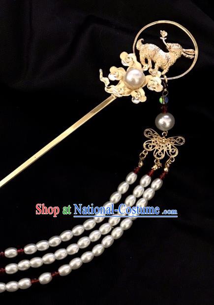 Handmade Chinese Tang Dynasty Pearls Tassel Hair Clip Traditional Hair Accessories Ancient Golden Rabbit Hairpins for Women