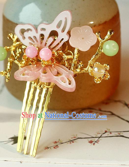 Handmade Chinese Classical Pink Shell Butterfly Hair Comb Traditional Hair Accessories Ancient Hanfu Hairpins for Women