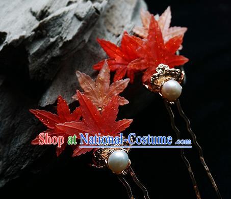 Handmade Chinese Classical Red Maple Leaf Hair Clip Traditional Hair Accessories Ancient Hanfu Pearl Hairpins for Women