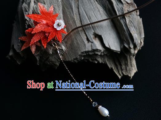 Handmade Chinese Classical Red Maple Leaf Hair Clip Traditional Hair Accessories Ancient Hanfu Pearl Tassel Hairpins for Women