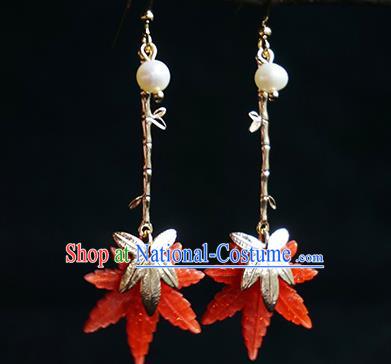 Traditional Chinese Handmade Maple Leaf Earrings Ancient Hanfu Court Red Ear Accessories for Women