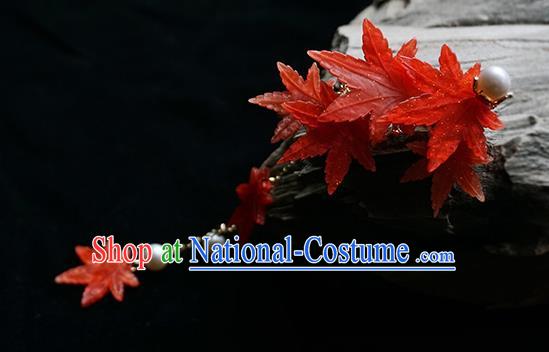 Handmade Chinese Classical Red Maple Leaf Hair Claw Traditional Hair Accessories Ancient Hanfu Tassel Hair Stick for Women