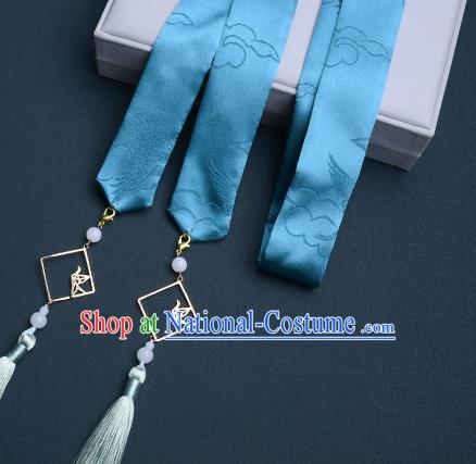 Chinese Traditional Hanfu Blue Silk Hairband Hair Accessories Handmade Hair Rope Tassel Hair Clasp for Women