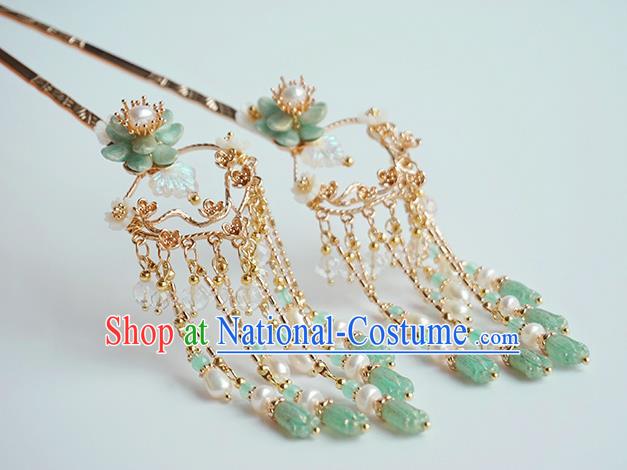 Handmade Chinese Green Beads Tassel Hair Clip Traditional Hair Accessories Ancient Hanfu Classical Shell Flower Hairpins for Women