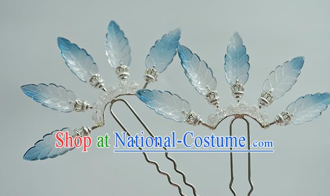 Handmade Chinese Blue Leaf Hair Clip Traditional Hair Accessories Ancient Hanfu Classical Argent Hairpins for Women