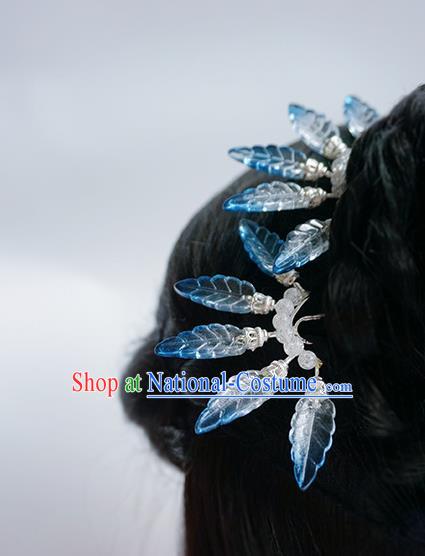 Handmade Chinese Blue Leaf Hair Clip Traditional Hair Accessories Ancient Hanfu Classical Argent Hairpins for Women