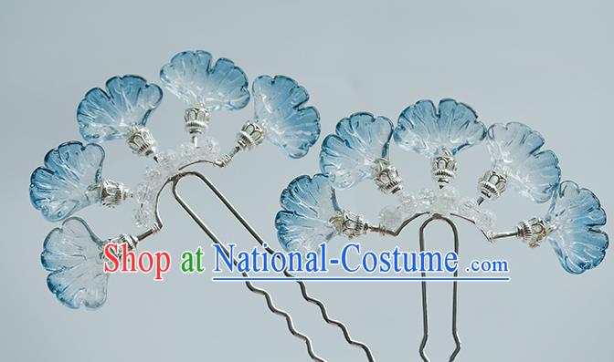 Handmade Chinese Blue Ginkgo Leaf Hair Clip Traditional Hair Accessories Ancient Hanfu Classical Argent Hairpins for Women