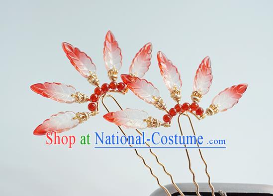 Handmade Chinese Red Leaf Hair Clip Traditional Hair Accessories Ancient Hanfu Classical Argent Hairpins for Women