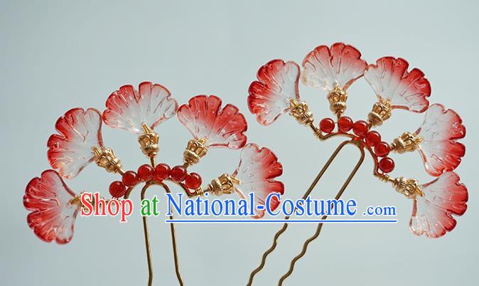 Handmade Chinese Red Ginkgo Leaf Hair Clip Traditional Hair Accessories Ancient Hanfu Classical Argent Hairpins for Women