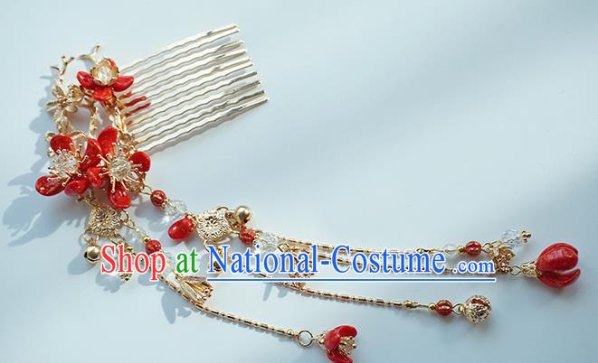 Handmade Chinese Red Plum Hair Combs Traditional Hair Accessories Ancient Hanfu Classical Golden Tassel Hairpins for Women