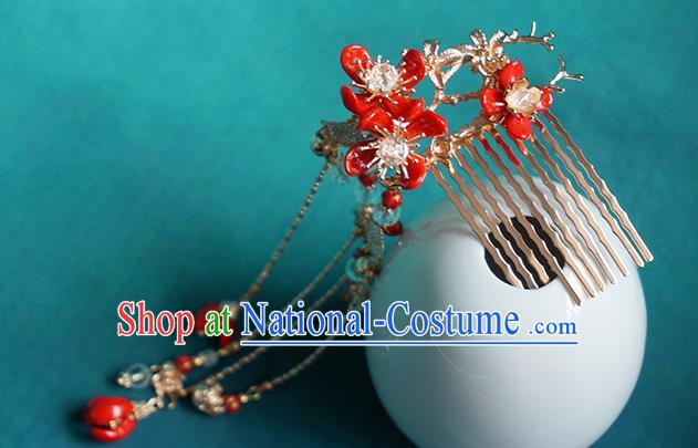 Handmade Chinese Red Plum Hair Combs Traditional Hair Accessories Ancient Hanfu Classical Golden Tassel Hairpins for Women