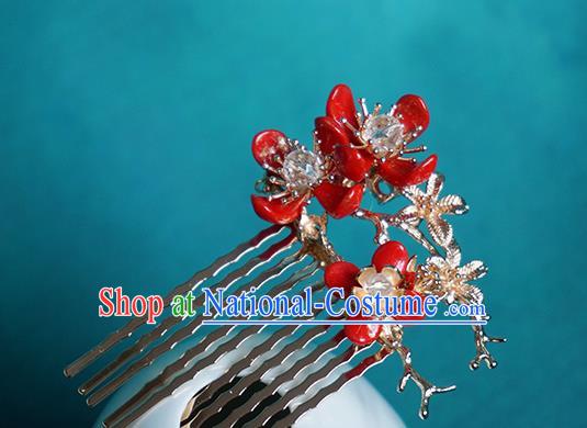 Handmade Chinese Red Plum Hair Combs Traditional Hair Accessories Ancient Hanfu Classical Golden Tassel Hairpins for Women