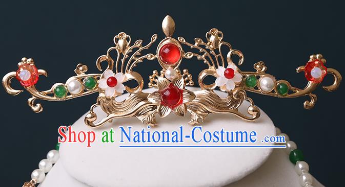 Chinese Traditional Hanfu Golden Hair Crown Hair Accessories Handmade Ming Dynasty Flowers Hairpins for Women