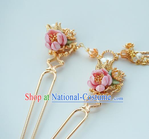 Handmade Chinese Pink Flower Hair Clip Traditional Hair Accessories Ancient Court Classical Golden Tassel Hairpins for Women