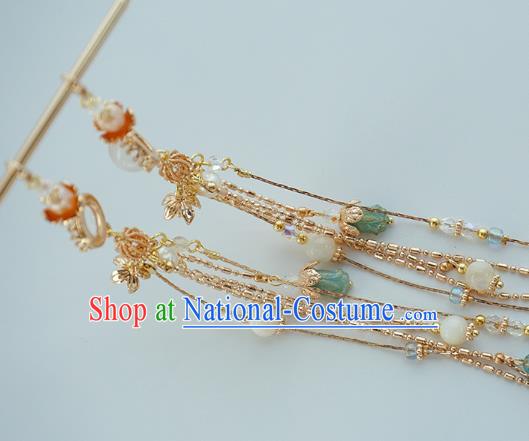 Handmade Chinese Pink Flower Hair Clip Traditional Hair Accessories Ancient Court Classical Golden Tassel Hairpins for Women