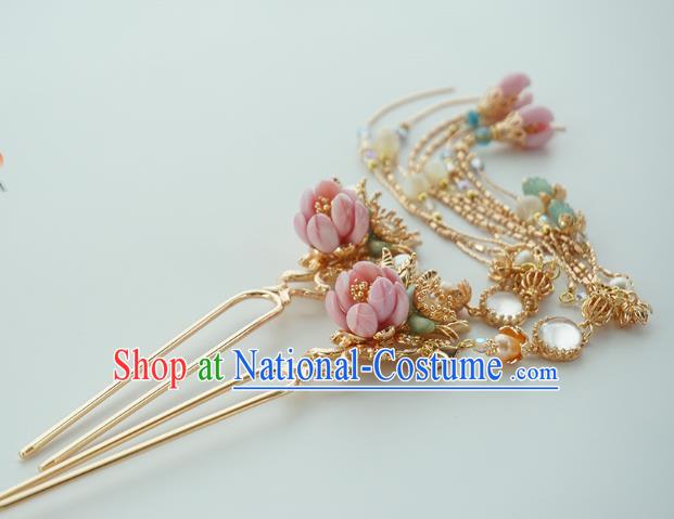 Handmade Chinese Pink Flower Hair Clip Traditional Hair Accessories Ancient Court Classical Golden Tassel Hairpins for Women