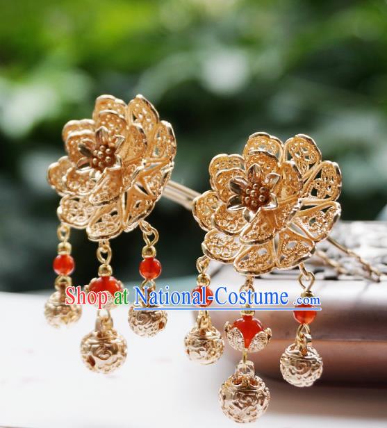 Handmade Chinese Golden Peony Tassel Hair Clip Traditional Hair Accessories Ancient Tang Dynasty Court Hairpins for Women