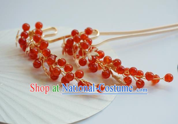 Handmade Chinese Hanfu Agate Hair Clip Traditional Hair Accessories Ancient Red Beads Hairpins for Women