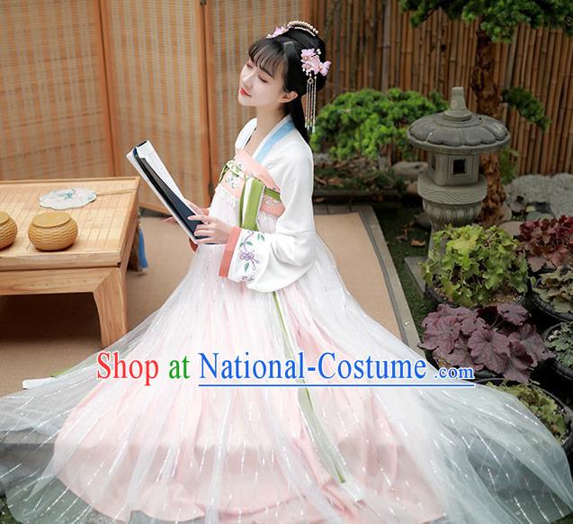 Chinese Traditional Tang Dynasty Noble Lady Hanfu Garment Ancient Costumes White Blouse and Pink Dress for Women