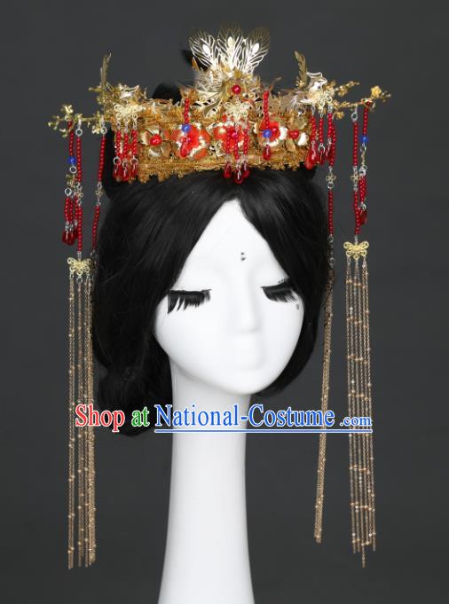 Chinese Traditional Ancient Princess Red Beads Tassel Hair Crown Handmade Bride Hair Accessories Hanfu Wedding Headwear for Women