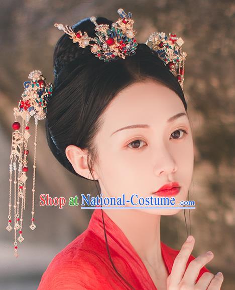 Chinese Classical Blueing Hair Crown and Hairpins Handmade Traditional Court Hair Accessories Phoenix Hair Comb Full Set