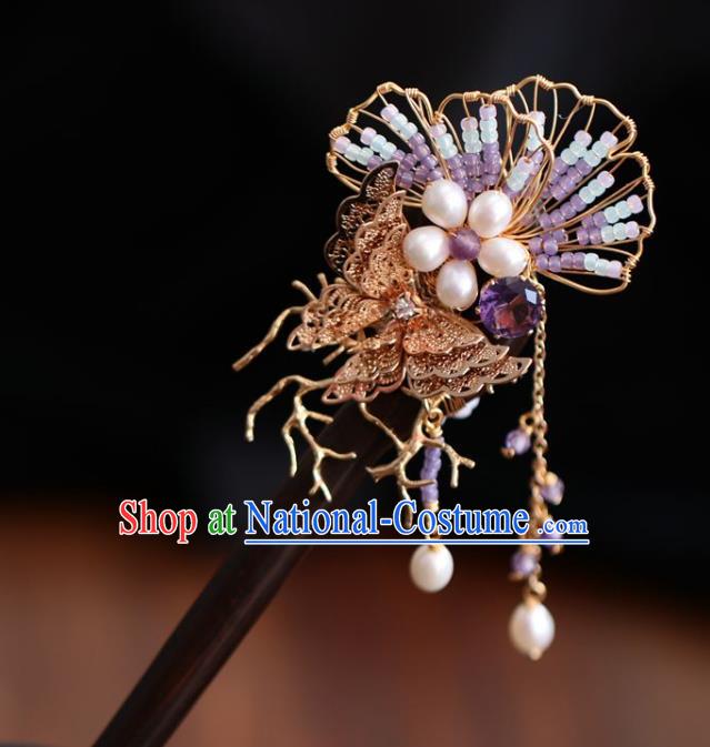 Handmade Chinese Cheongsam Purple Beads Hair Clip Traditional Hanfu Hair Accessories Golden Butterfly Ebony Hairpins for Women