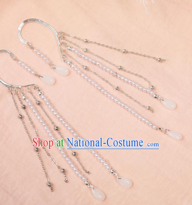 Traditional Chinese White Beads Ear Accessories Handmade Tassel Eardrop Ancient Female Swordsman Earrings for Women