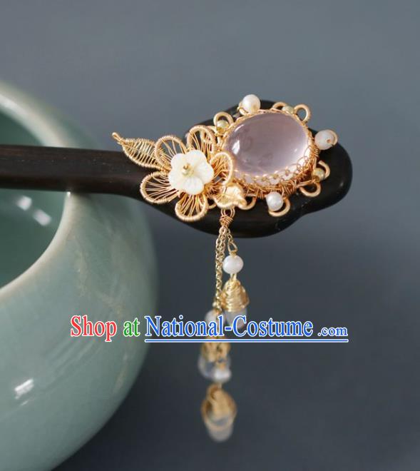 Handmade Chinese Cheongsam Silk Flower Hair Clip Traditional Hanfu Hair Accessories Pink Chalcedony Ebony Hairpins for Women