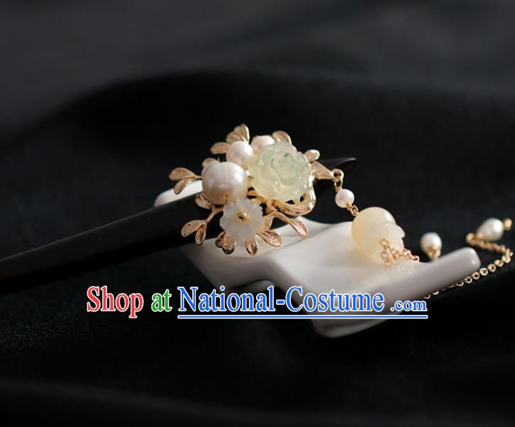 Handmade Chinese Cheongsam Green Jade Rose Hair Clip Traditional Hanfu Hair Accessories Pearls Ebony Hairpins for Women