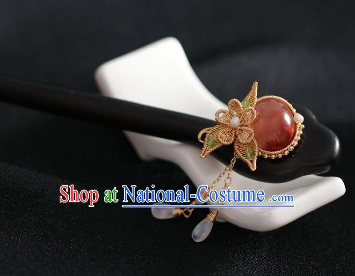 Handmade Chinese Cheongsam Red Stone Hair Clip Traditional Hanfu Hair Accessories Silk Flower Ebony Hairpins for Women