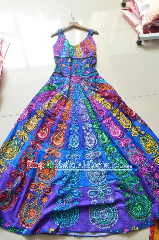 Thailand Traditional Embroidered Sequins Royalblue Dress Asian Thai Photography National Beach Dress Summer Costumes for Women