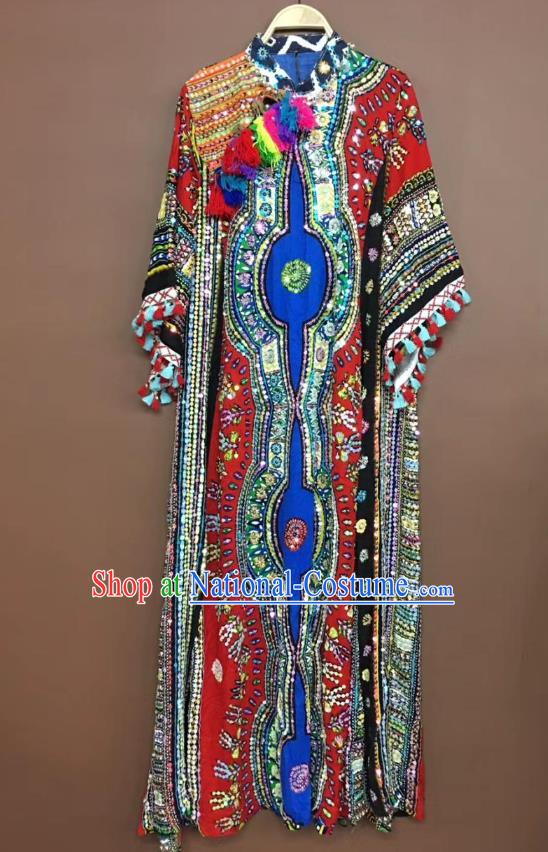 Thailand Traditional Embroidered Beads Red Dress Asian Thai National Beach Dress Photography Costumes for Women