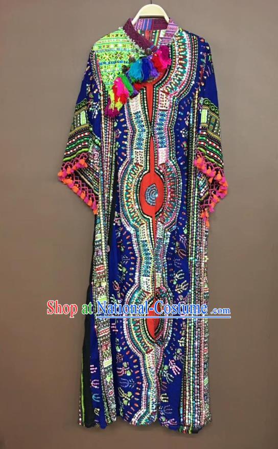 Thailand Traditional Embroidered Beads Deep Blue Dress Asian Thai National Beach Dress Photography Costumes for Women