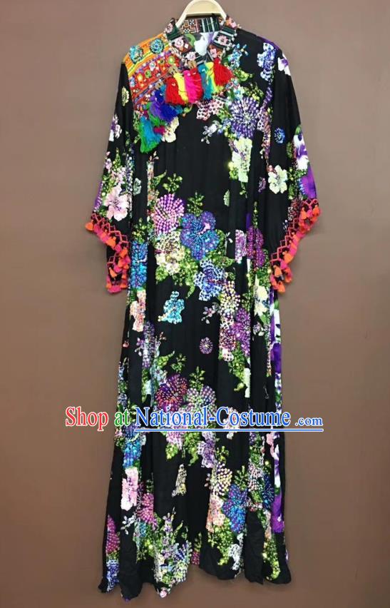 Thailand Traditional Embroidered Beads Purple Flowers Dress Asian Thai National Beach Dress Photography Costumes for Women