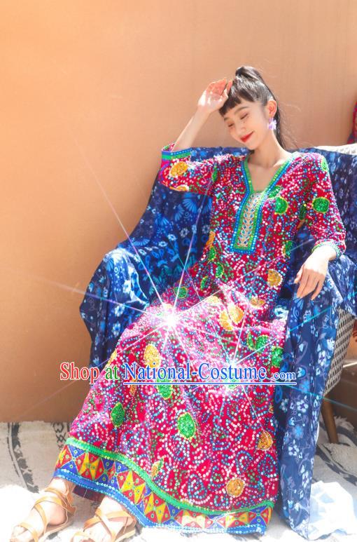 Thailand Traditional Sequins Magenta Dress Asian Thai National Beach Dress Photography Costumes for Women