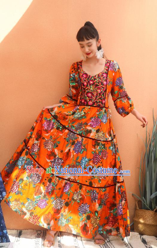 Thailand Traditional Embroidery Sequins Roses Orange Dress Asian Thai National Beach Dress Photography Costumes for Women