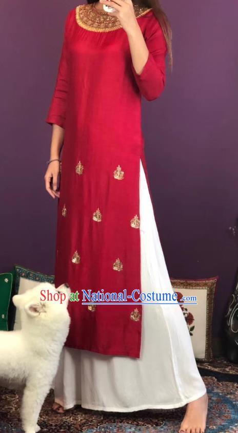 Thailand Traditional Kurta Dress Asian Thai National Embroidered Wine Red Cotton Dress and Loose Pants Photography Costumes for Women