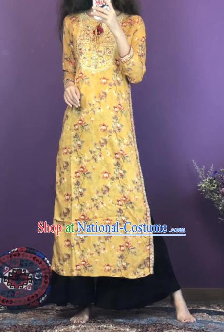 Thailand Traditional Printing Flowers Kurta Dress Asian Thai National Yellow Cotton Dress and Loose Pants Photography Costumes for Women