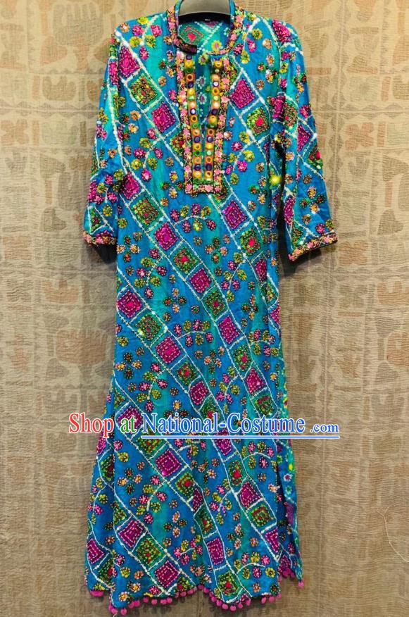 Blue Thailand Traditional Embroidered Beads Dress Asian Thai Photography National Beach Dress Sequins Costumes for Women