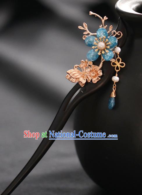 Chinese Cheongsam Blue Plum Ebony Hair Clip Traditional Hanfu Hair Accessories Handmade Golden Butterfly Hairpins for Women