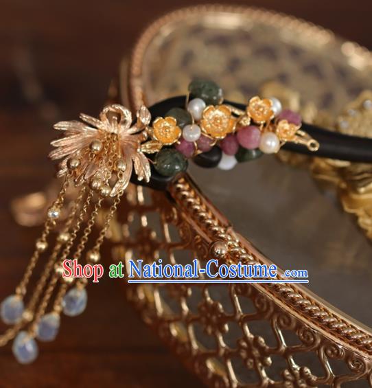 Chinese Cheongsam Jade Ebony Hair Clip Traditional Hanfu Hair Accessories Handmade Golden Plum Tassel Hairpins for Women